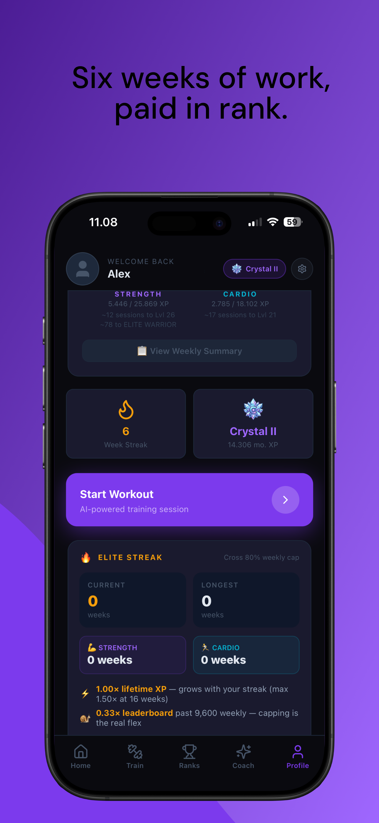 Weekly dashboard &mdash; six weeks of work, paid in rank